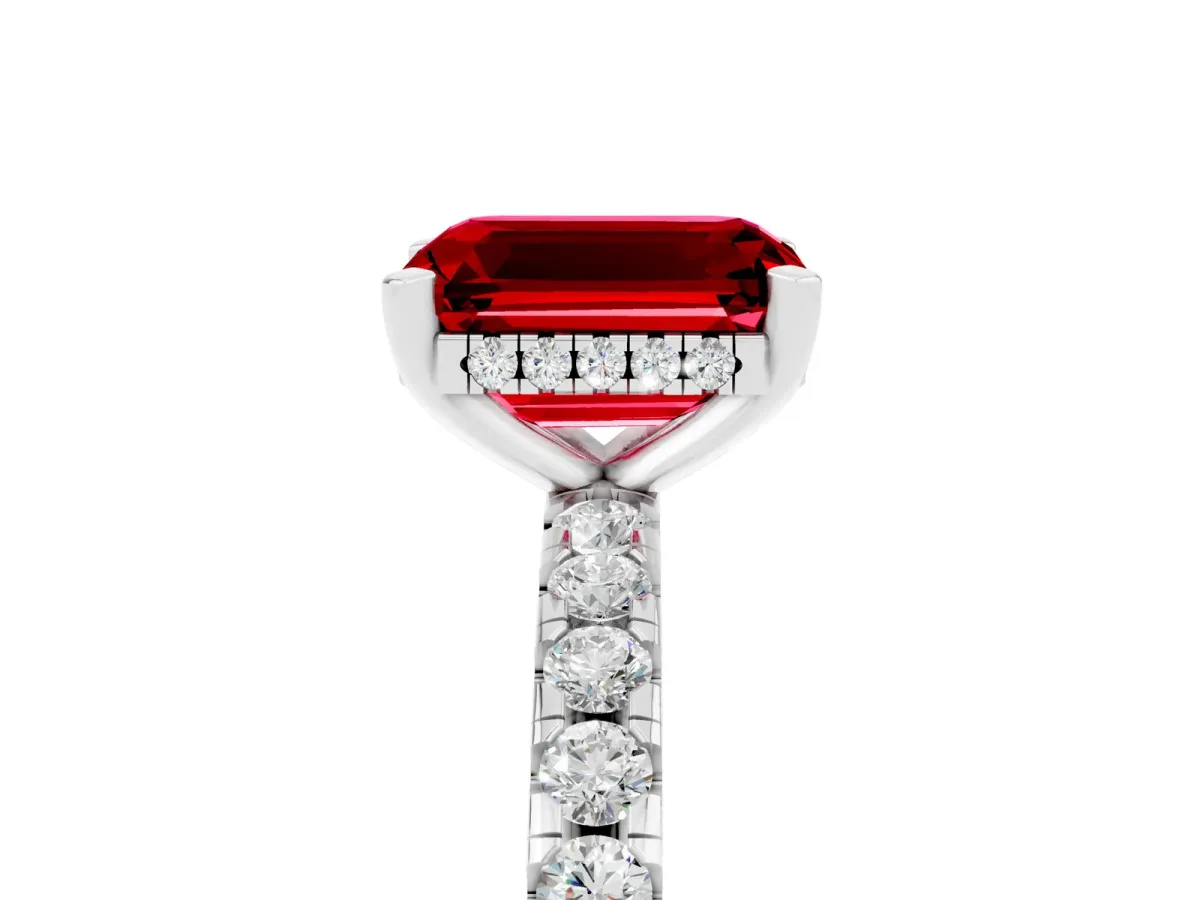 Emerald Cut Ruby Solitaire Ring with Round Pavé Band and Four-Prong Setting Silver