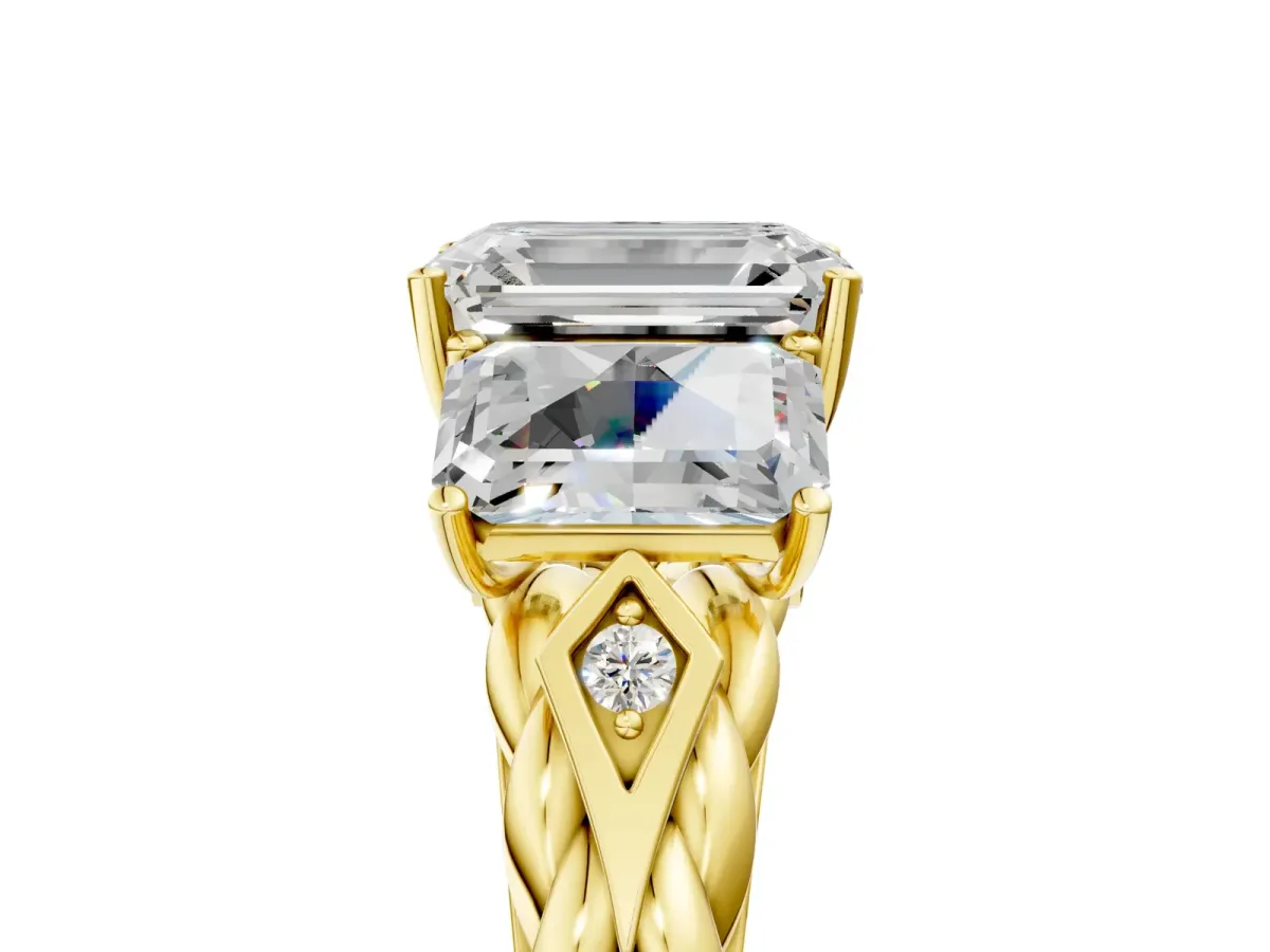 Three-Stone Radiant Cut Diamond Braided Band Ring with Four-Prong Setting Yellow gold