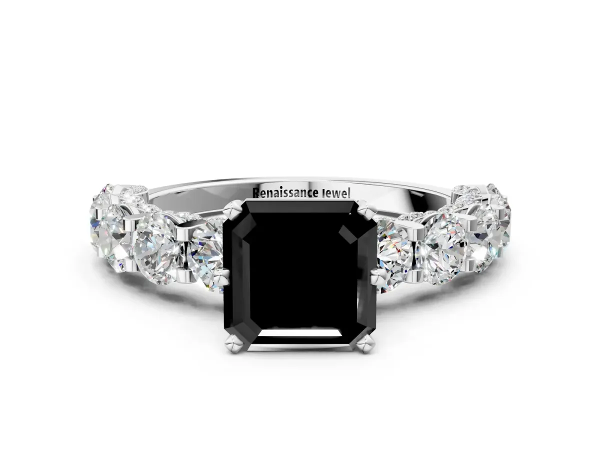Fancy Black Asscher Cut Diamond Side Stone Engagement Ring with Four-Prong Setting White gold