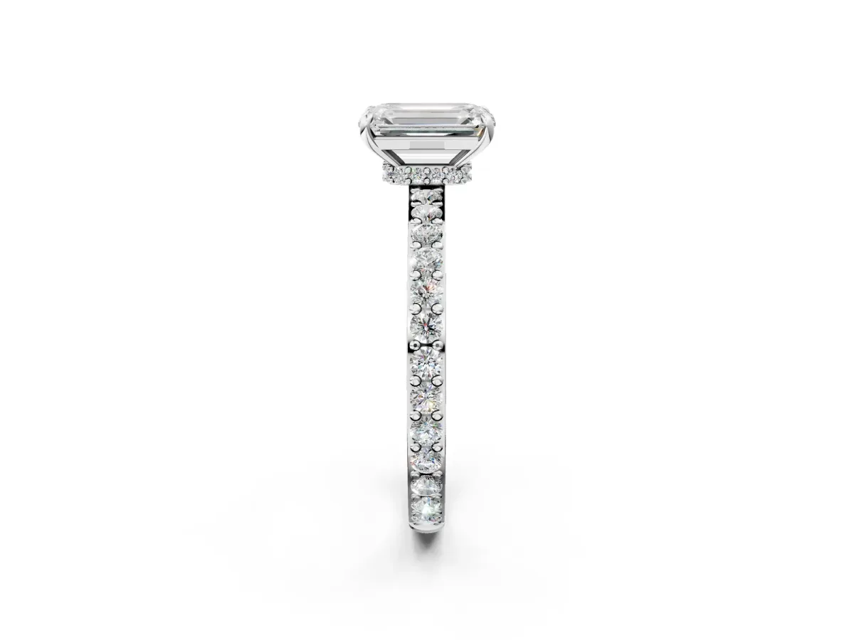 Emerald Cut Diamond Solitaire Engagement Ring with Pavé Band and Four-Prong Setting Silver