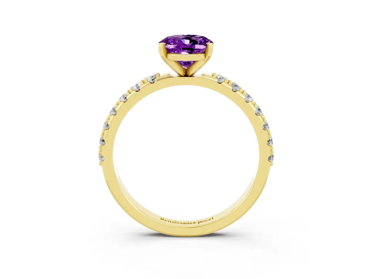 Oval Cut Amethyst Solitaire Pavé Band with Four-Prong Setting Yellow gold