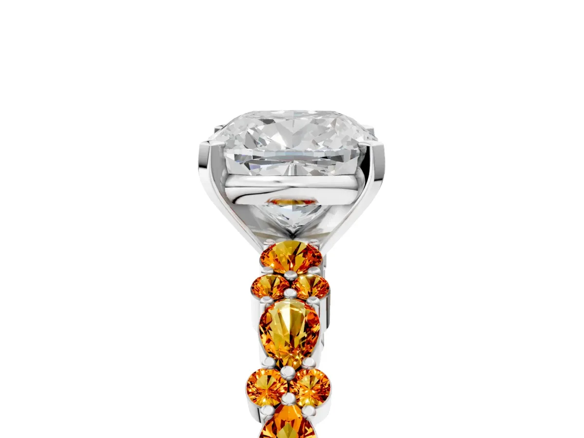 Cushion Cut Diamond Side Stone Solitaire Ring with Round Citrine and Four-Prong Setting Silver