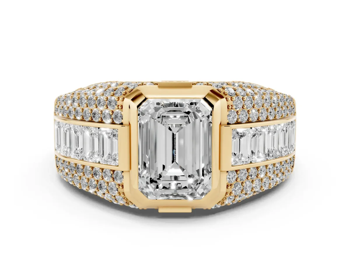 Emerald Cut Diamond Mens Ring with Side Stones Yellow gold