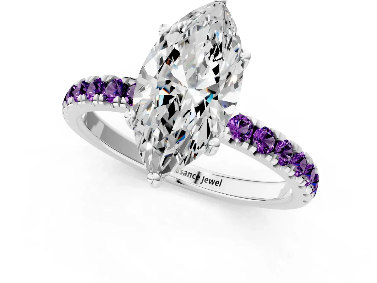 Marquise Cut Diamond Pave Band Solitaire Ring with Round Amethyst and Prong Setting Silver