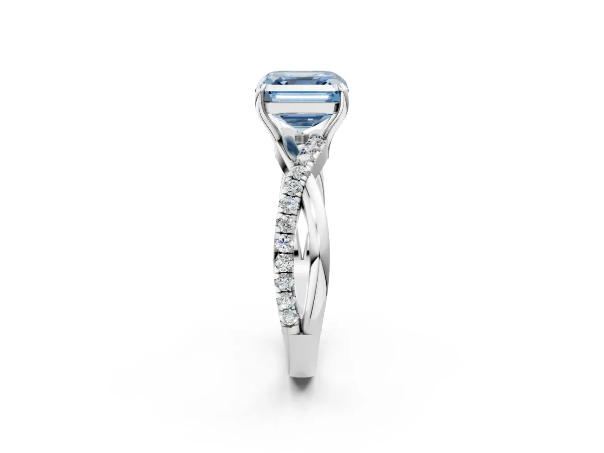 Fancy Blue Asscher Cut Cut Diamond Twisted Band with Pavé Setting and Four-Prong Setting Platinum