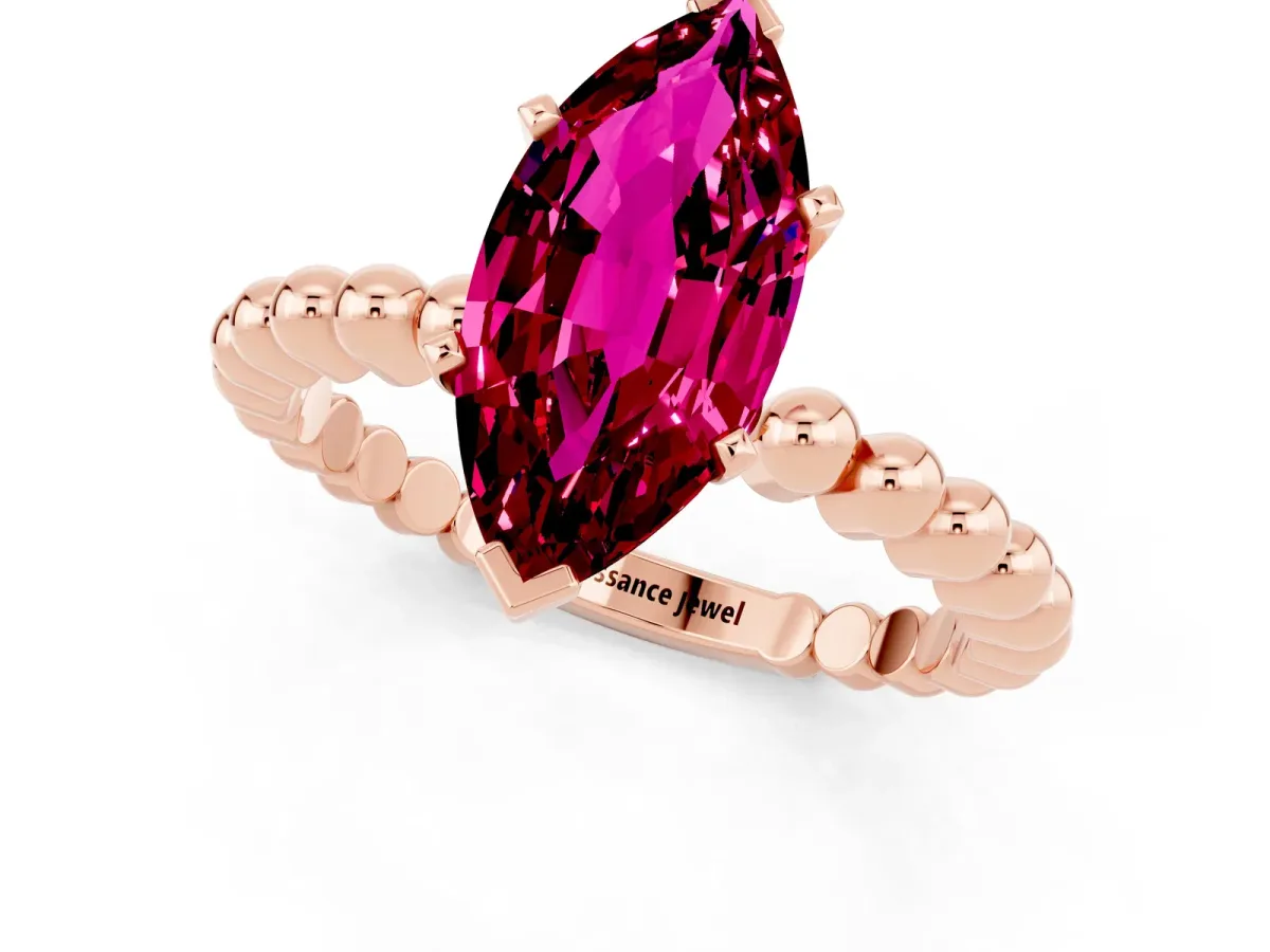 Marquise Cut Garnet Solitaire Ring with Beaded Band and Prong Setting Rose gold