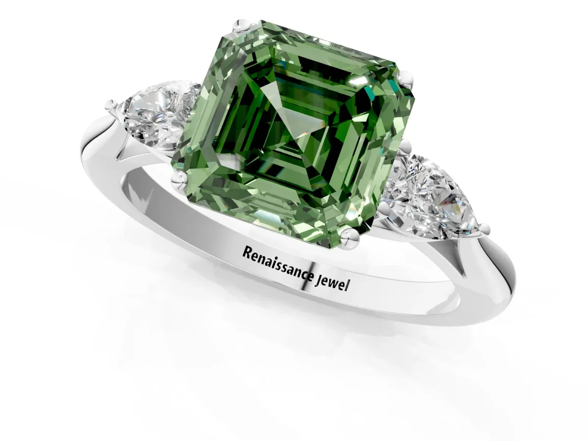 Fancy Green Three-Stone Asscher Cut Diamond Ring with Pear Side Stones in Four-Prong Setting Platinum