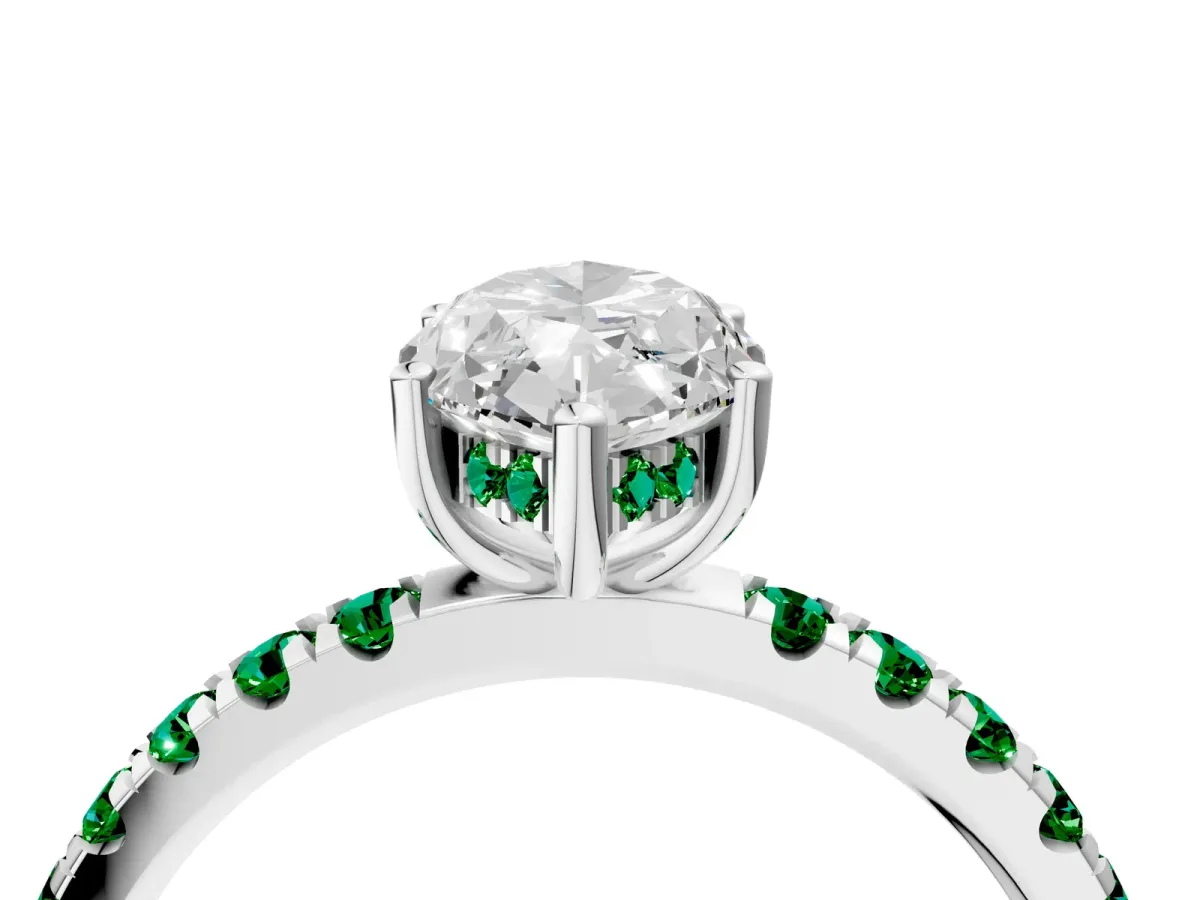 Marquise Cut Diamond Pave Band Solitaire Ring with Round Emerald and Prong Setting Silver