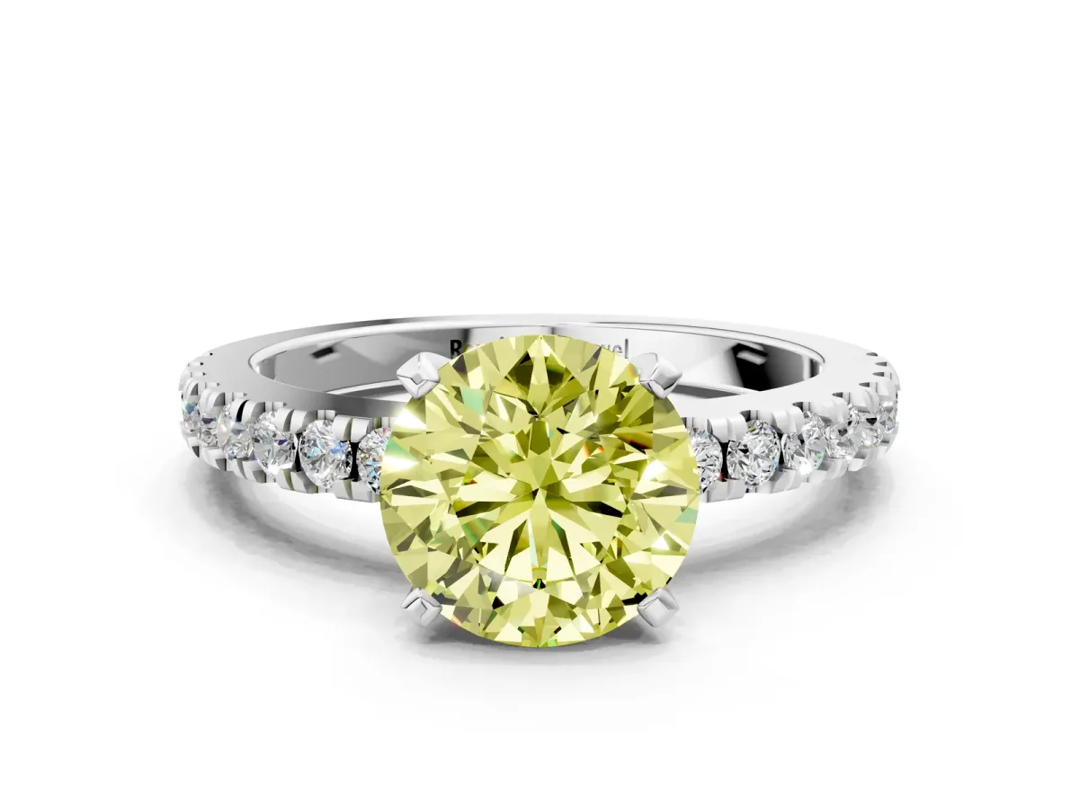 Fancy Yellow Round Cut Solitaire Diamond with Pavé Band and Four-Prong Setting Platinum