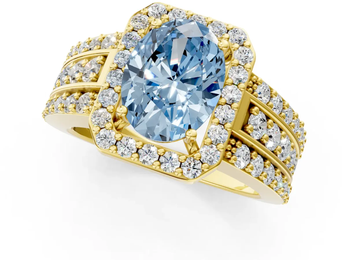 Fancy Blue Oval Cut Halo Diamond Ring with Round Split Shank and Prong Setting Yellow gold