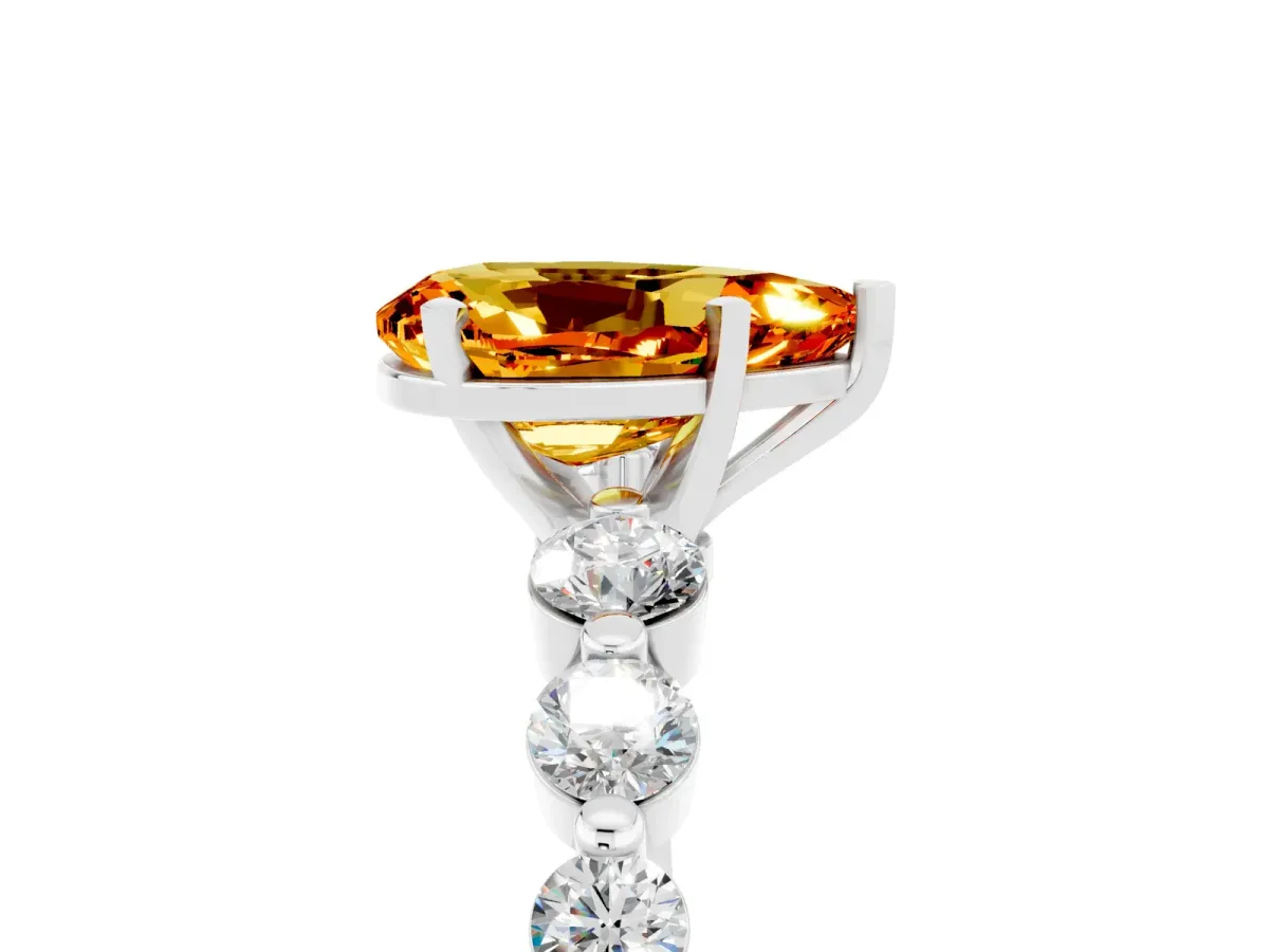 Pear Cut Solitaire Citrine Ring with Pave Band and Four-Prong Setting Silver