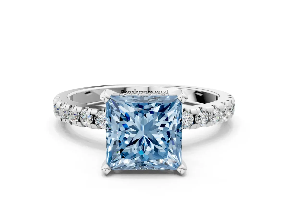 Fancy Blue Princess Cut Diamond Solitaire Ring with Round Pavé Band and Four-Prong Setting Silver