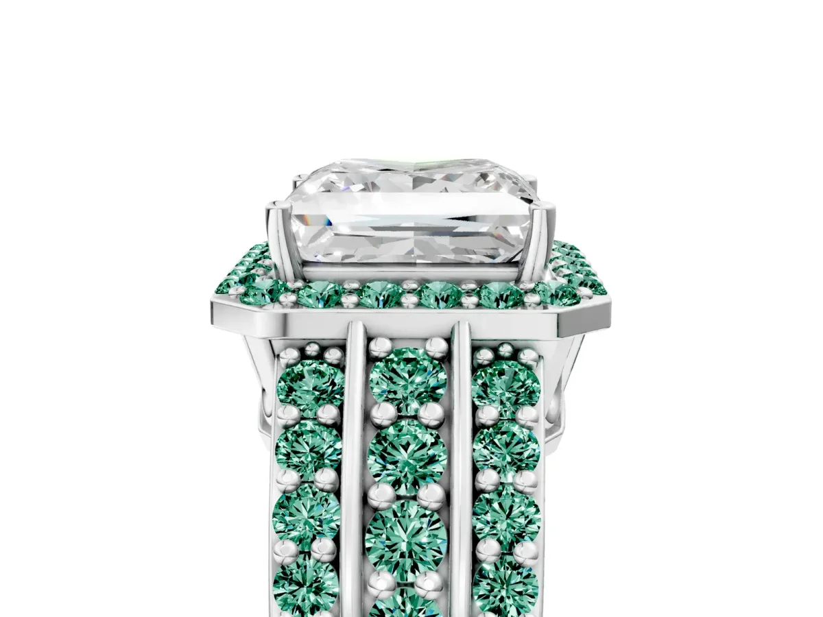 Princess Cut Halo Diamond Ring with Round Green Sapphire Split Shank and Prong Setting Silver