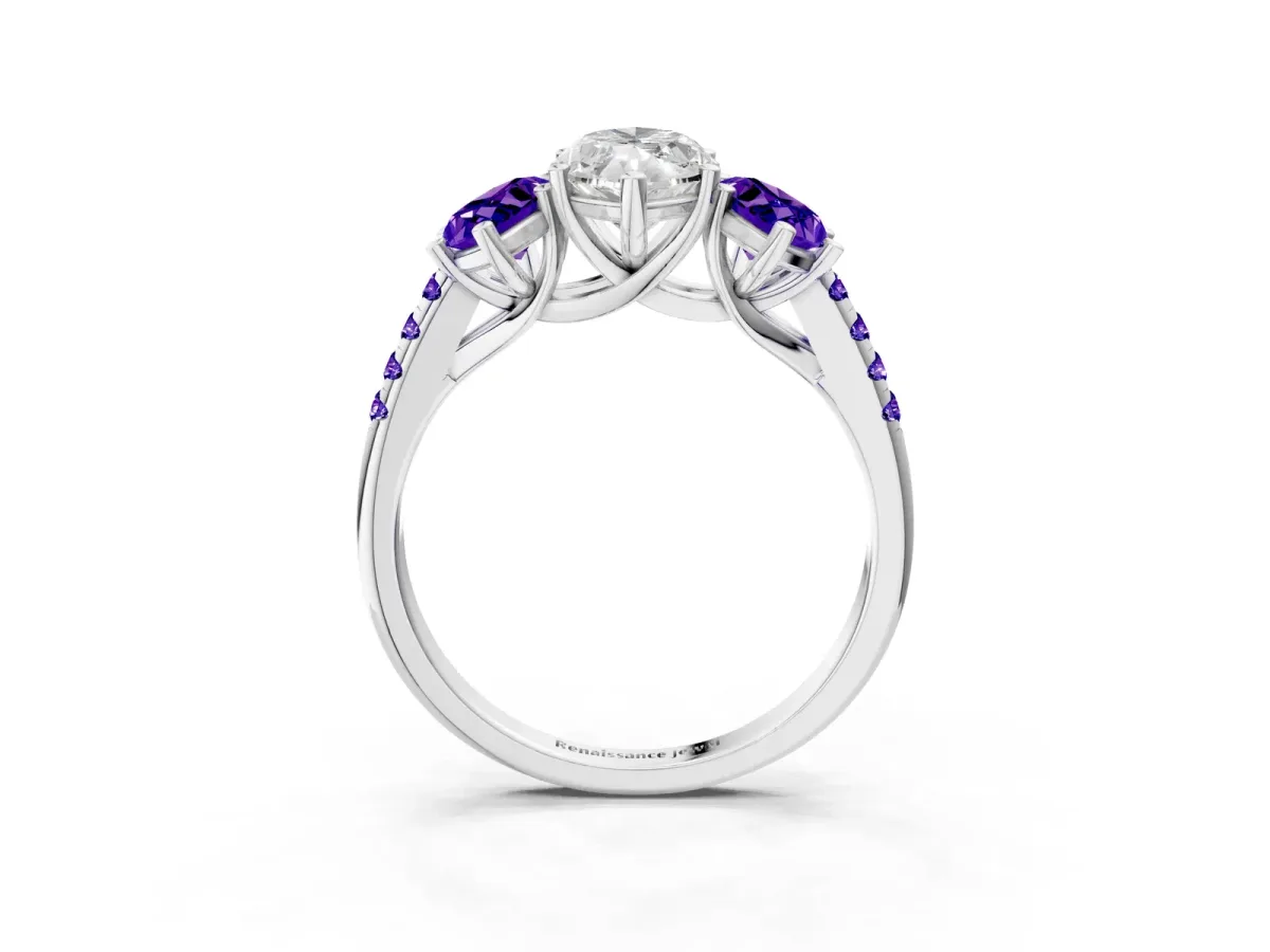 Three-Stone Marquise Cut Diamond Ring with Round Tanzanite Pavé Band and Prong Setting Silver