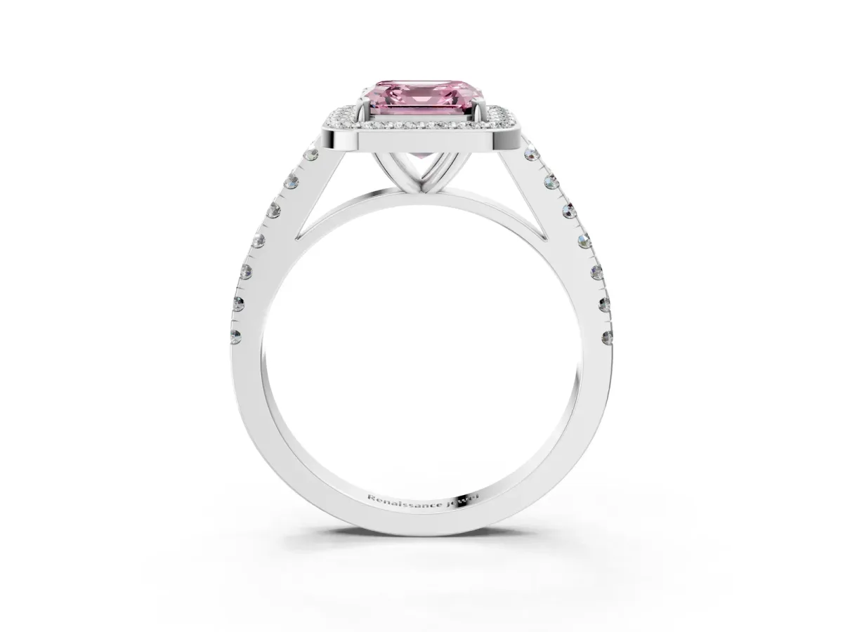 Fancy Pink Asscher Cut Diamond Halo Ring with Round Pavé Split Shank and Prong Setting Platinum