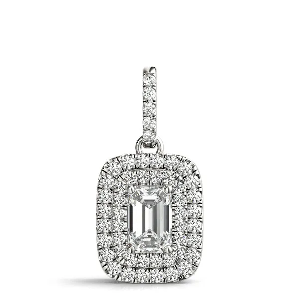 Emerald Cut Double Halo Diamond Pendant with Prong Setting Silver