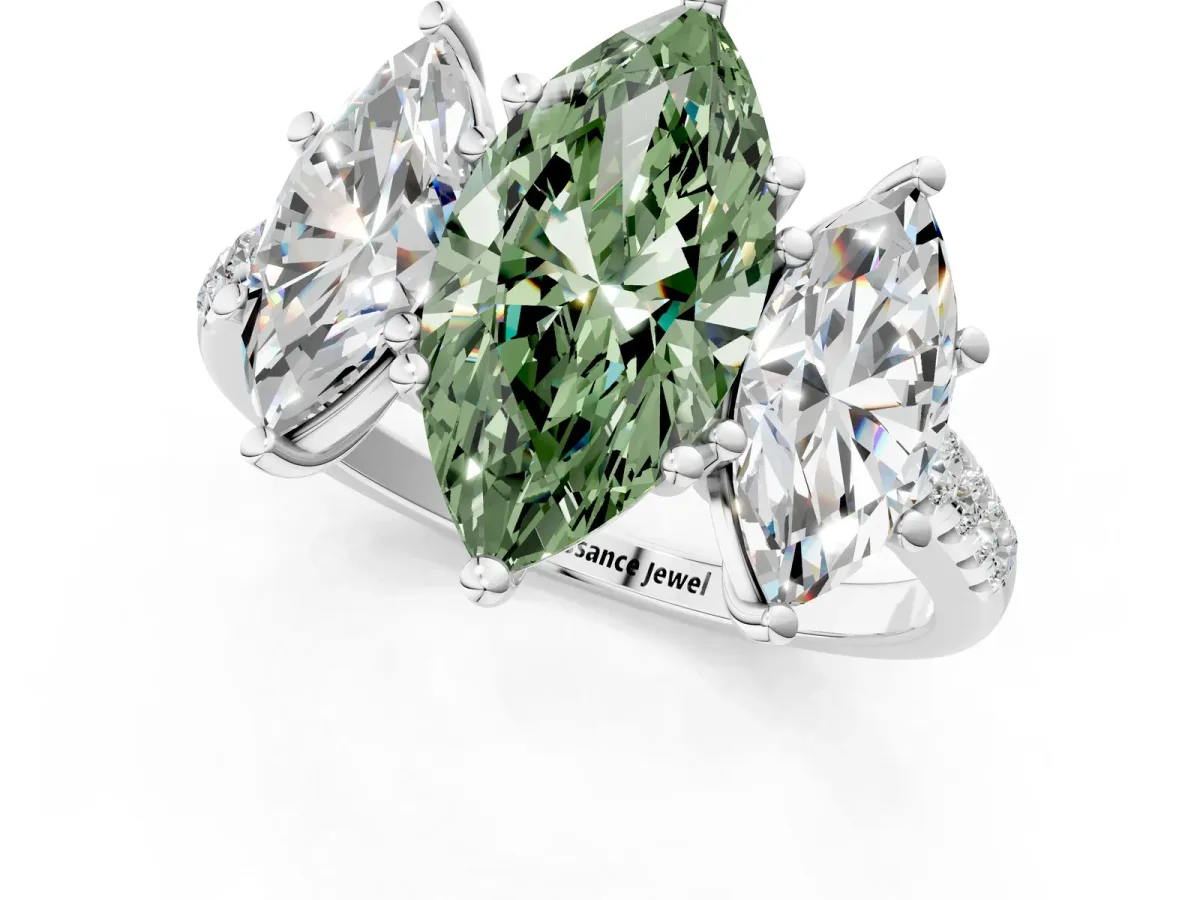 Fancy Green Three-Stone Marquise Cut Diamond Ring with Round Pavé Band and Prong Setting Silver