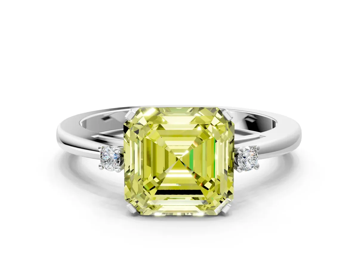 Fancy Yellow Asscher Cut Cut Three-Stone Solitaire Ring with Round Accent Diamonds and Four-Prong Setting Platinum