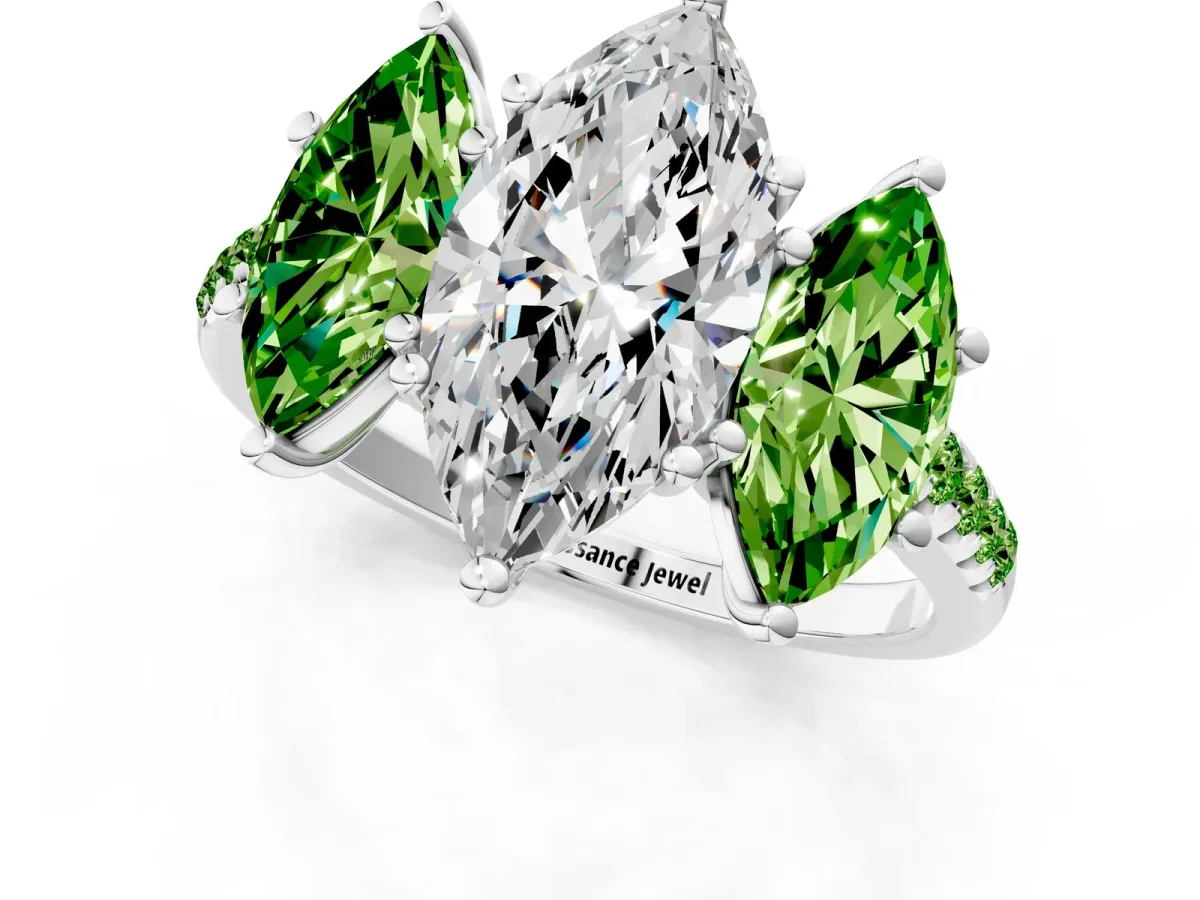 Three-Stone Marquise Cut Diamond Ring with Round Peridot Pavé Band and Prong Setting Platinum