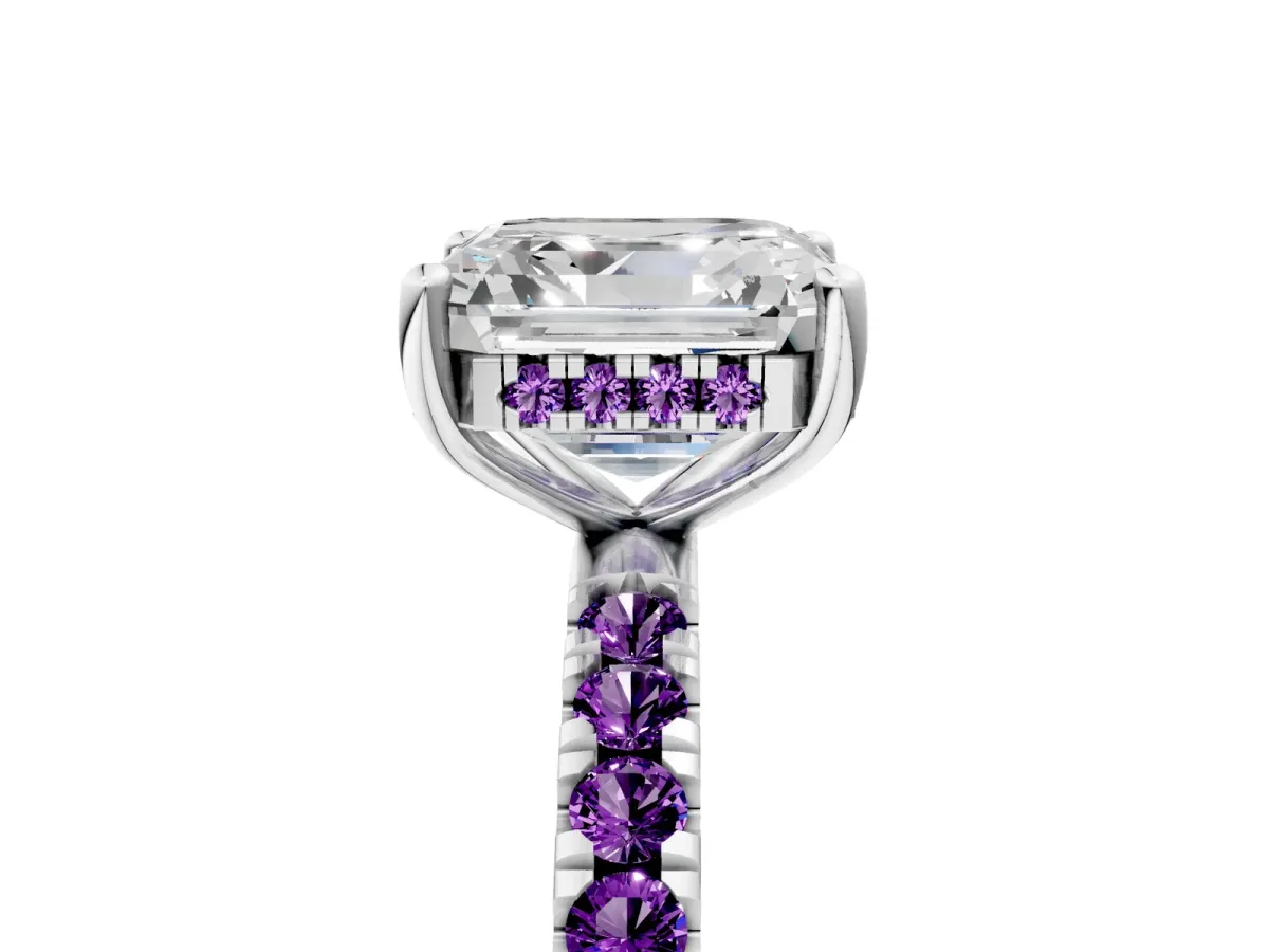 Asscher Cut Diamond Pave Band Solitaire Ring with Round Amethyst and Prong Setting Platinum