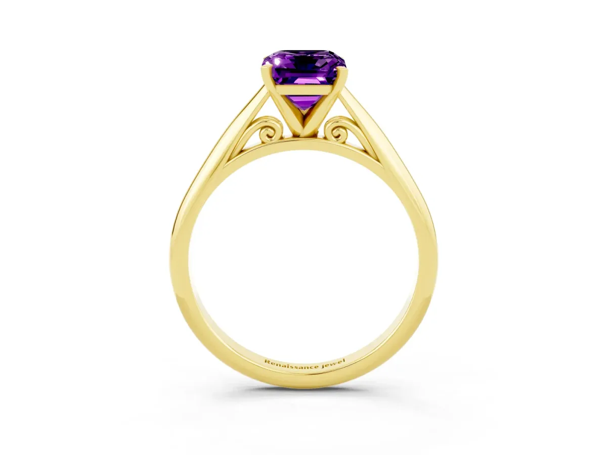 Emerald Cut Amethyst Solitaire Engagement Ring with Cathedral Setting and Four-Prong Mount Yellow gold