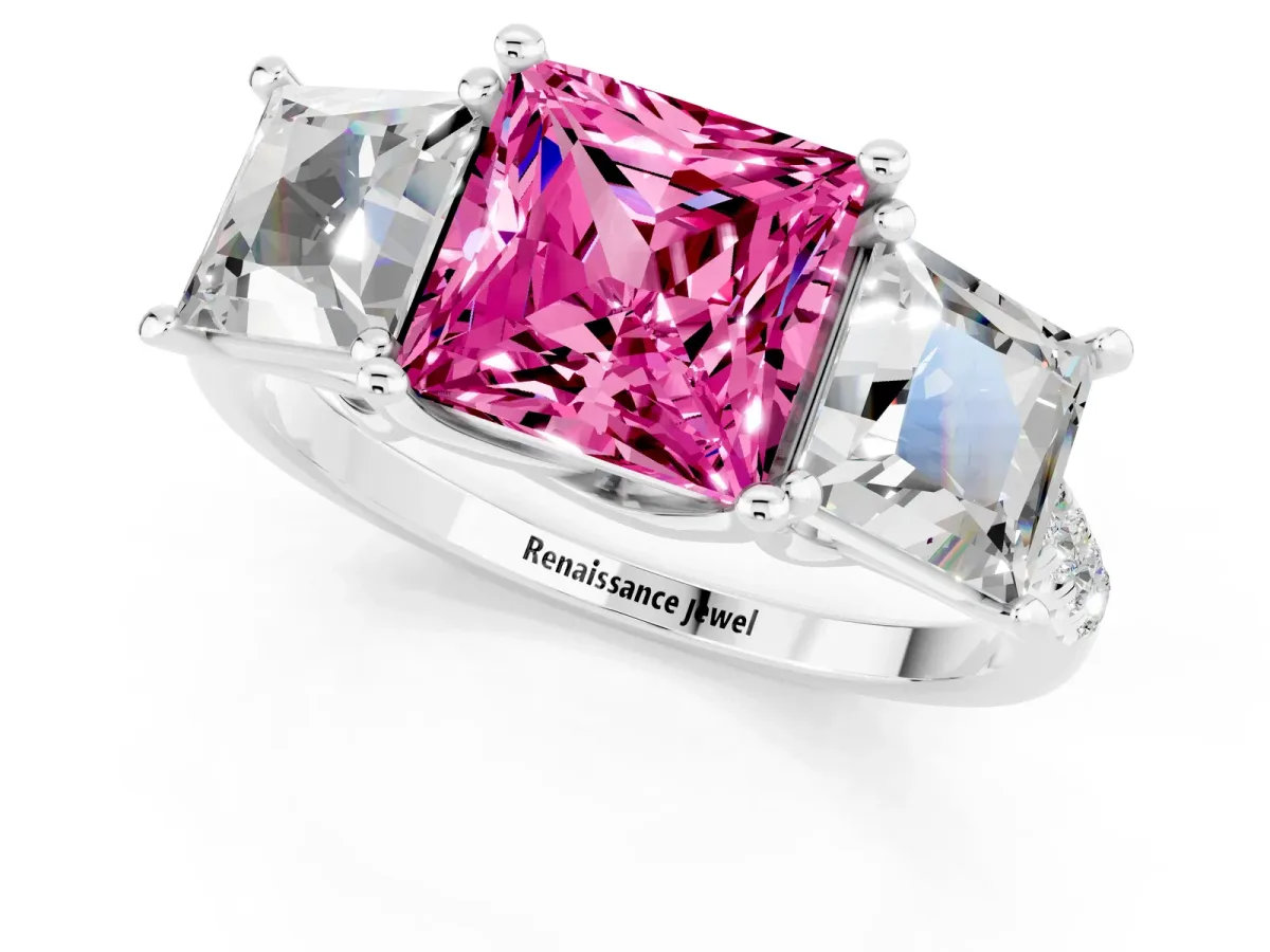 Three-Stone Princess Cut Pink Sapphire Ring with Round Pavé Band and Prong Setting Silver