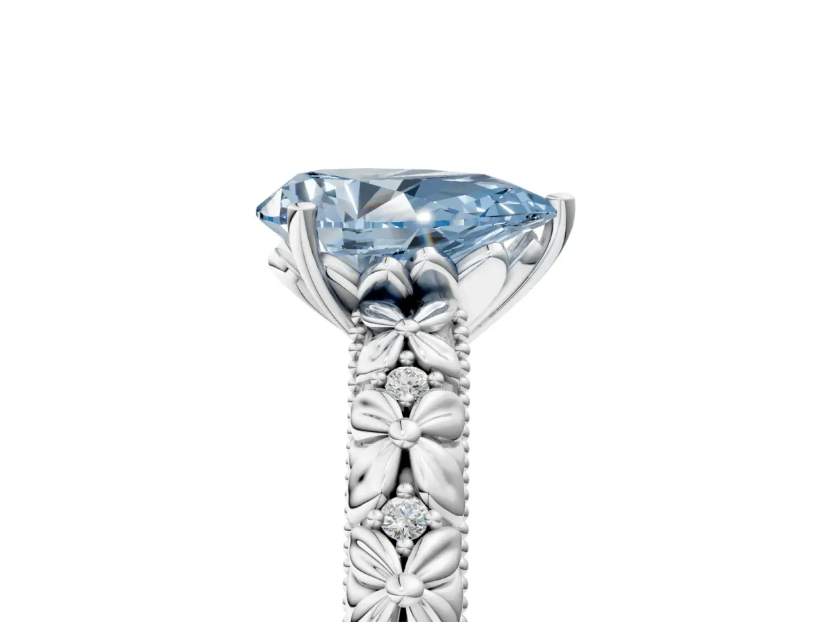 Fancy Blue Pear Cut Solitaire Floral Milgrain Engagement Ring Platinum