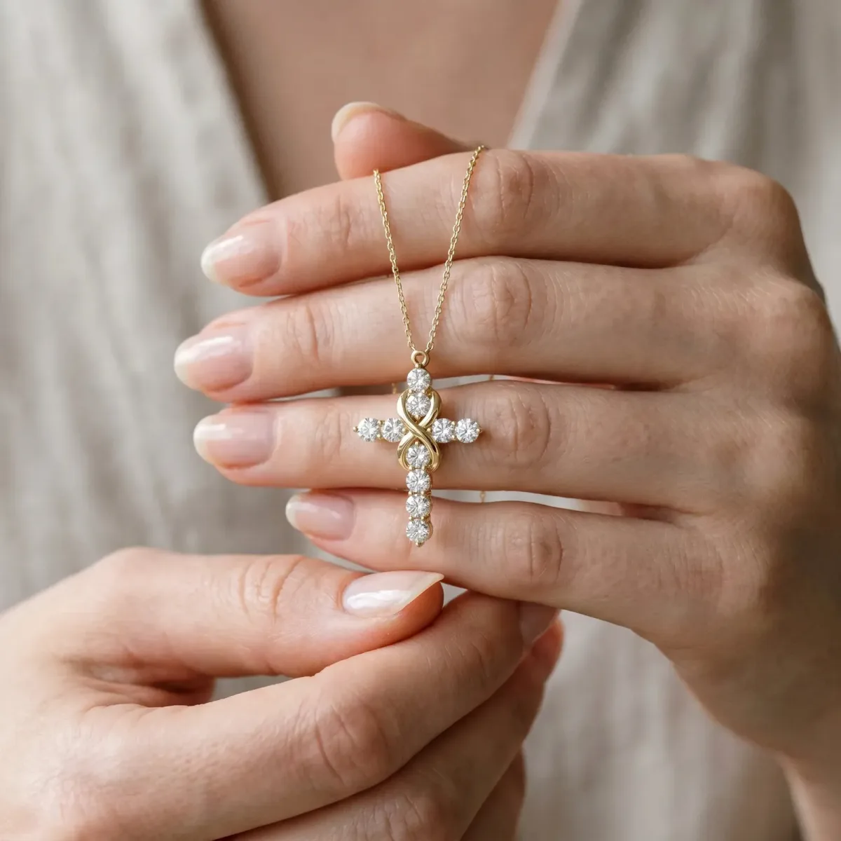Round Diamond Prong Set Infinity Cross Pendant Yellow gold