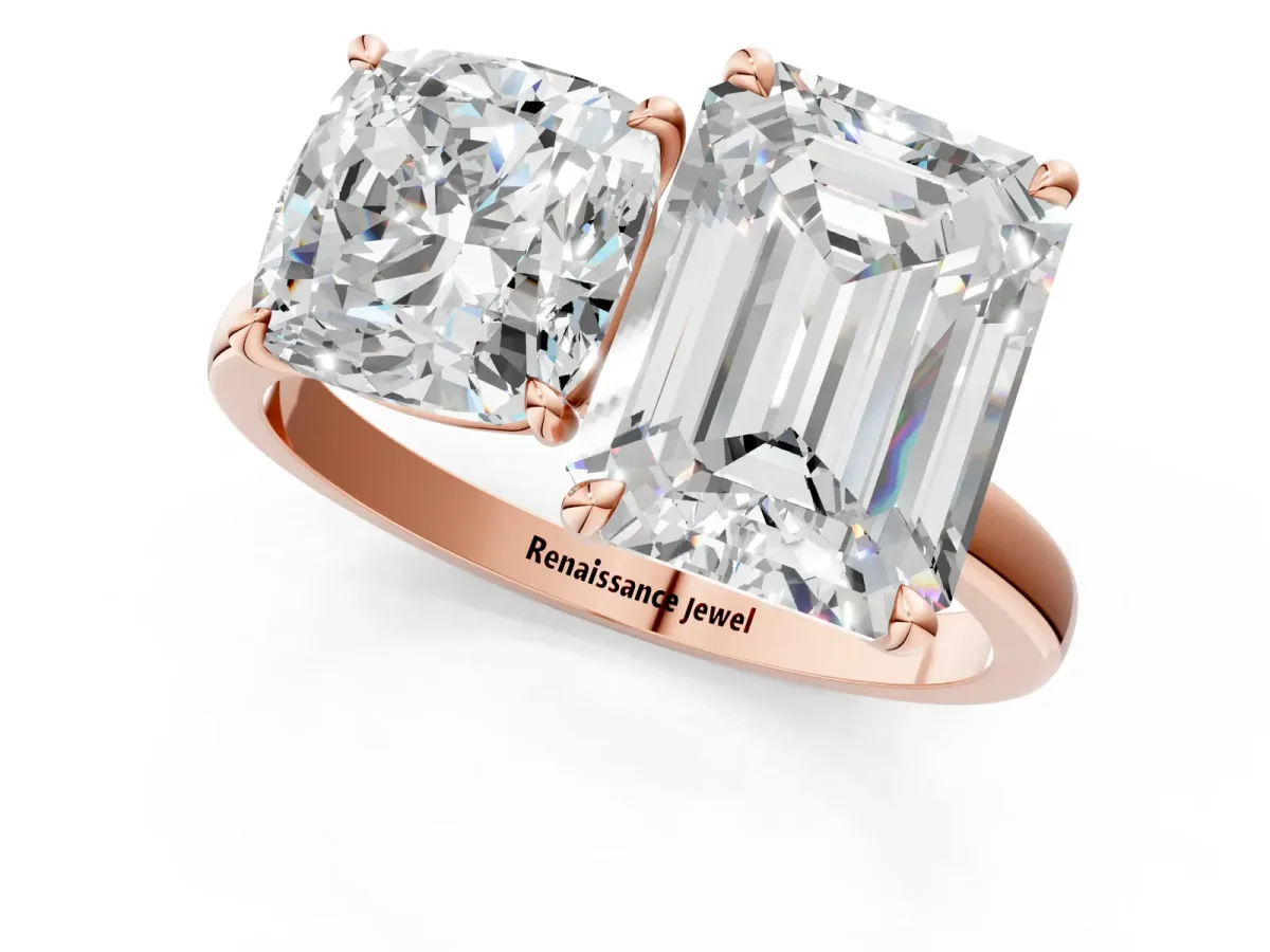 Cushion Cut and Emerald Cut Toi Moi Ring with Prong Setting Rose gold