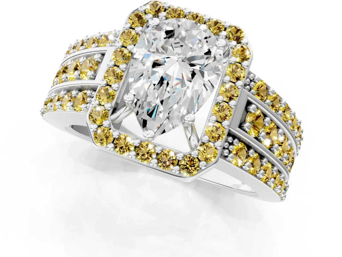 Pear Cut Halo Diamond Ring with Round Yellow Sapphire Split Shank and Prong Setting Silver