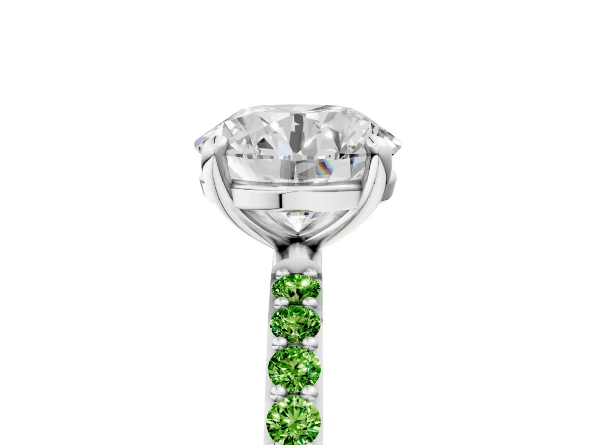 Round Cut Diamond Solitaire Ring with Round Peridot Pavé Band and Prong Setting Silver