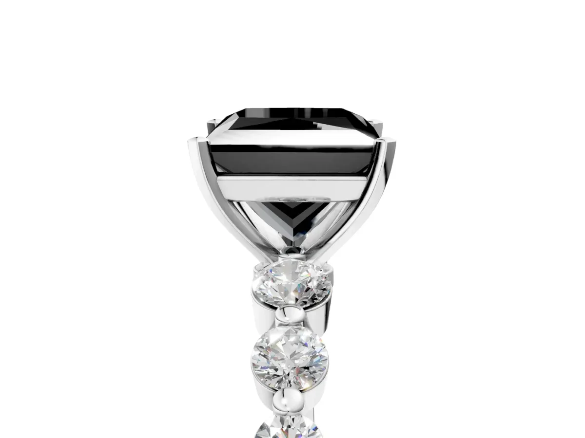 Fancy Black Princess Cut Solitaire Diamond Ring with Pave Band and Four-Prong Setting Silver