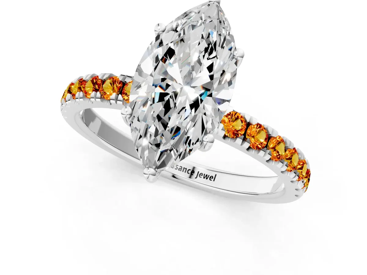 Marquise Cut Diamond Pave Band Solitaire Ring with Round Citrine and Prong Setting Silver