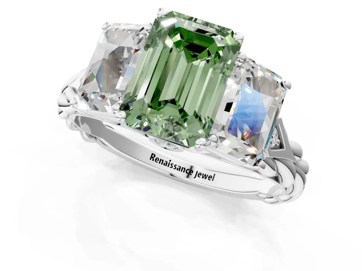 Fancy Green Three-Stone Emerald Cut Diamond Braided Band Ring with Four-Prong Setting Silver