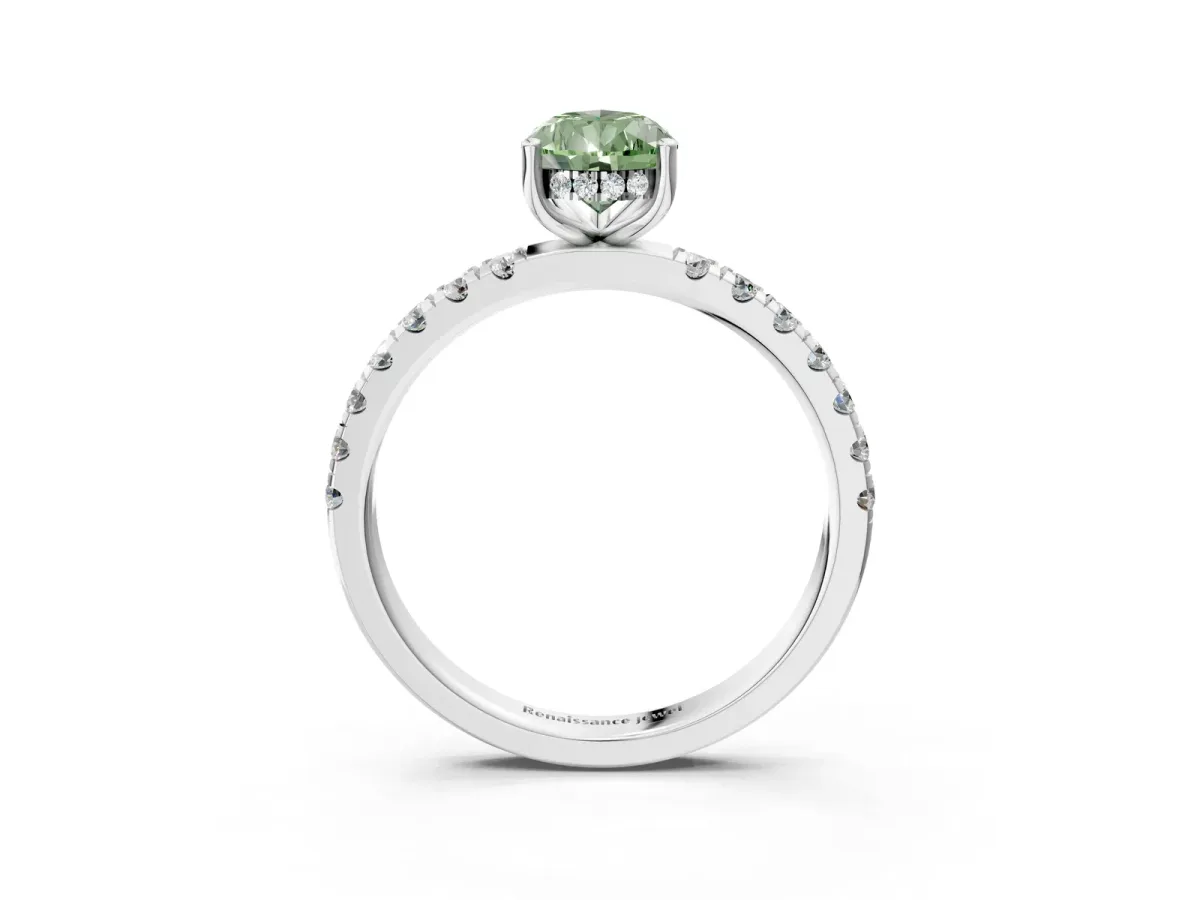 Fancy Green Pear Cut Diamond Pave Band Solitaire Ring with Round and Prong Setting Platinum