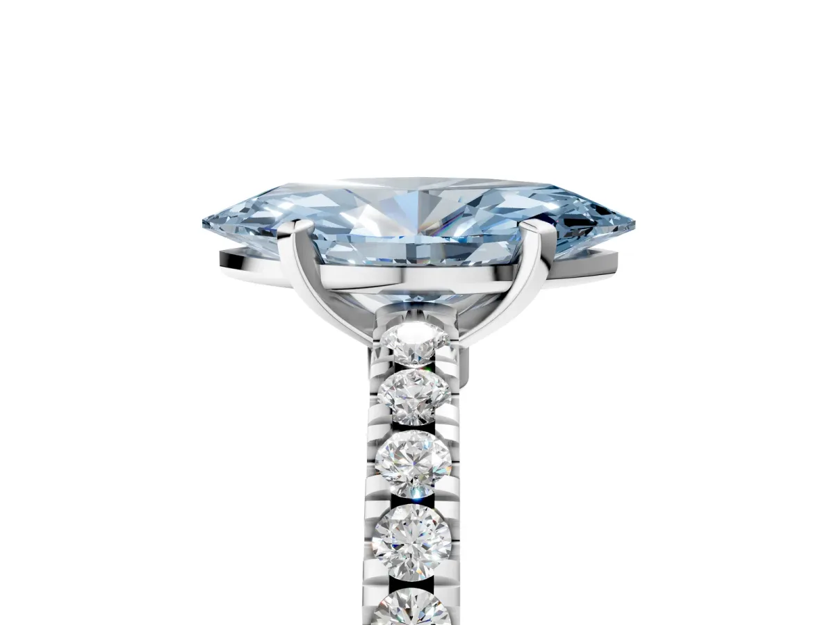 Fancy Blue Marquise Cut Solitaire Diamond with Pavé Band and Four-Prong Setting Silver
