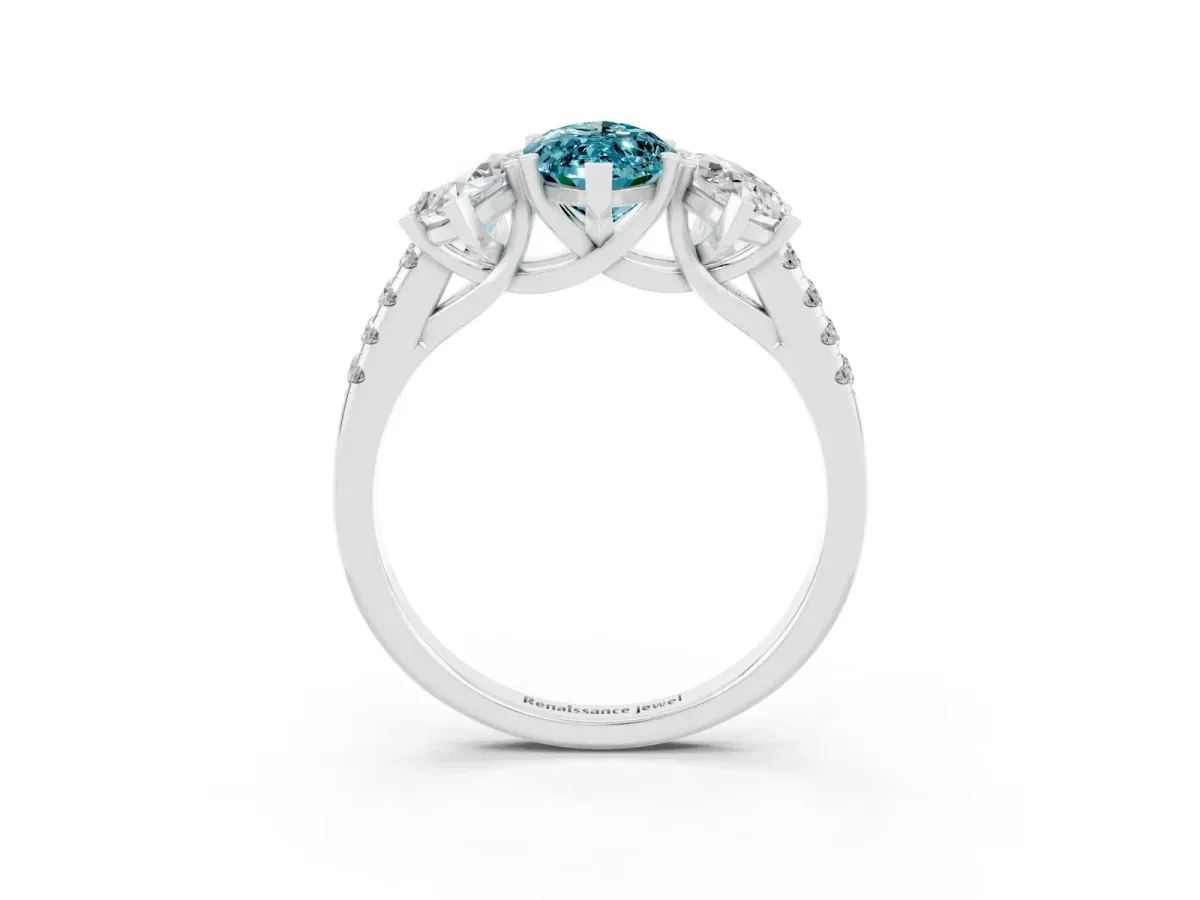 Three-Stone Marquise Cut Blue Topaz Ring with Round Pavé Band and Prong Setting Silver
