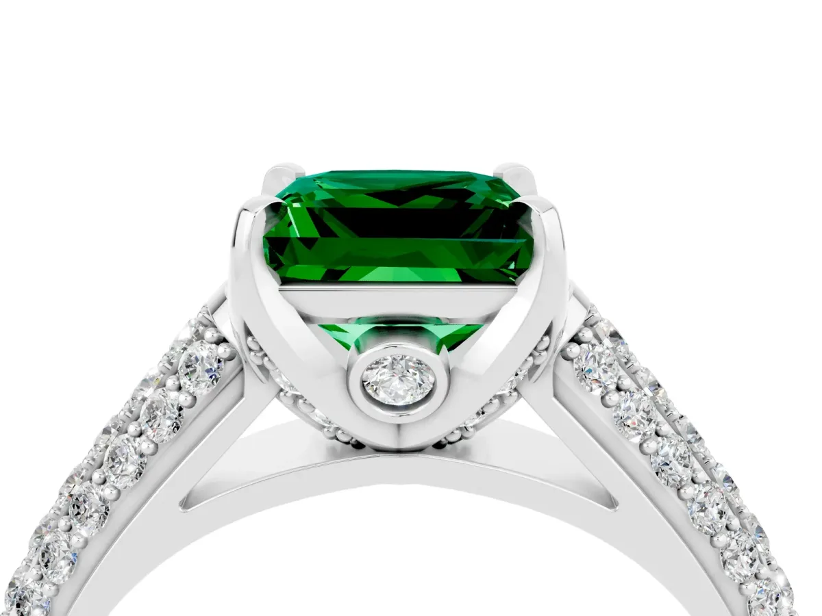 Princess Cut Emerald Solitaire Ring with Three-Row Pavé Band and Four-Prong Setting Platinum