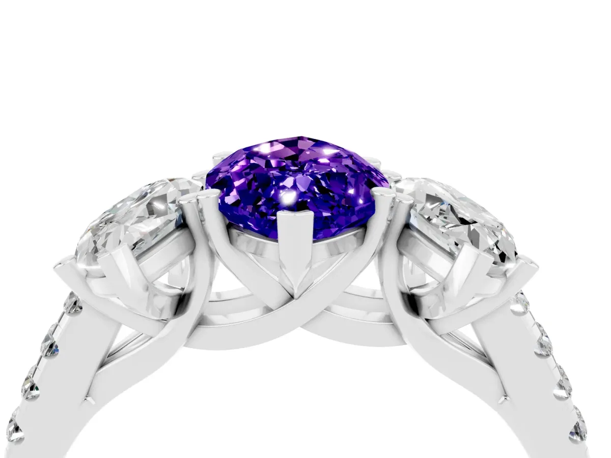 Three-Stone Marquise Cut Tanzanite Ring with Round Pavé Band and Prong Setting Silver
