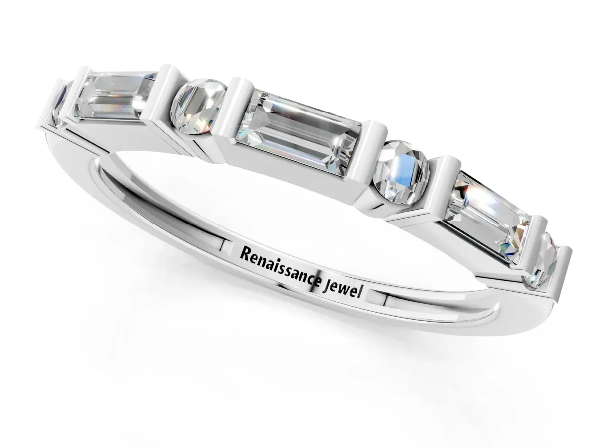 Baguette and Round Diamond Channel Set Half Eternity Band with Bar Prong Setting White gold