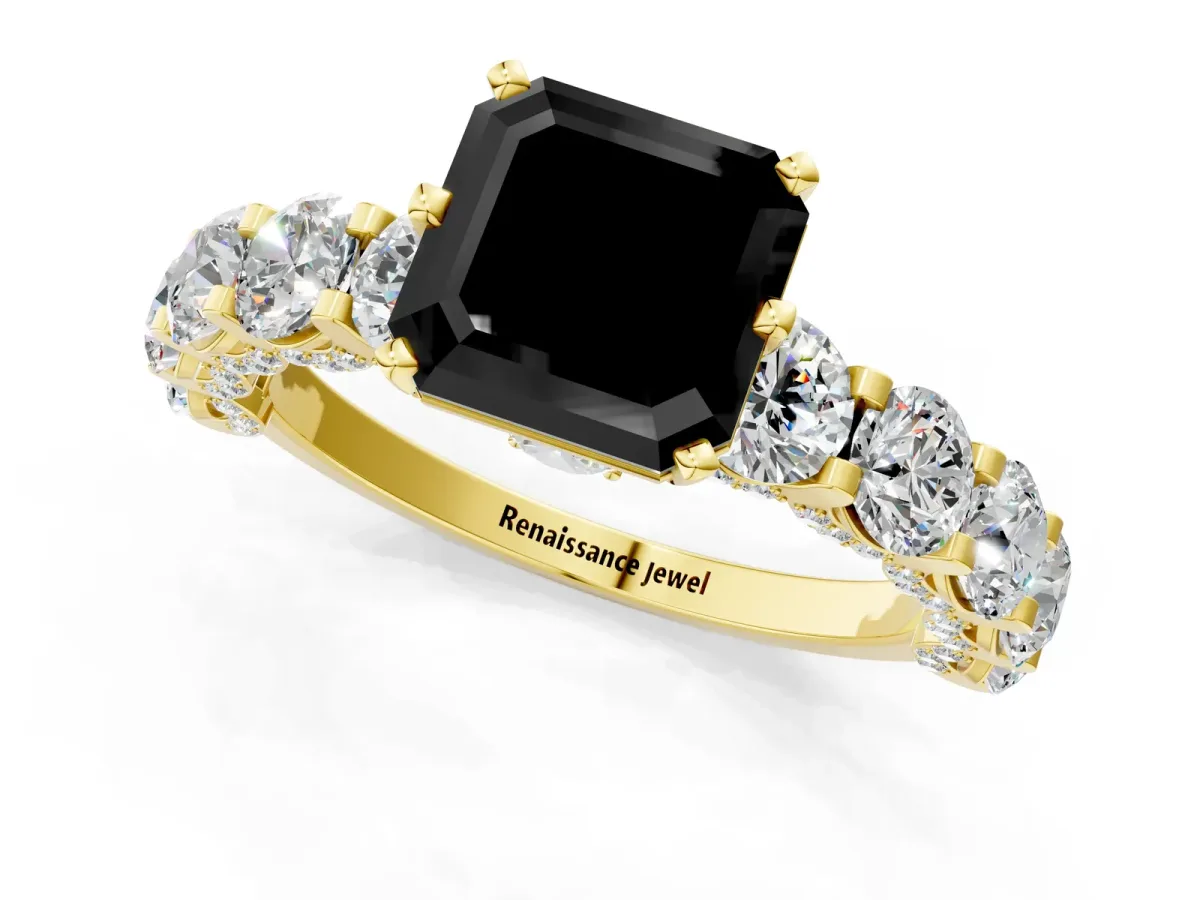 Fancy Black Asscher Cut Diamond Side Stone Engagement Ring with Four-Prong Setting Yellow gold