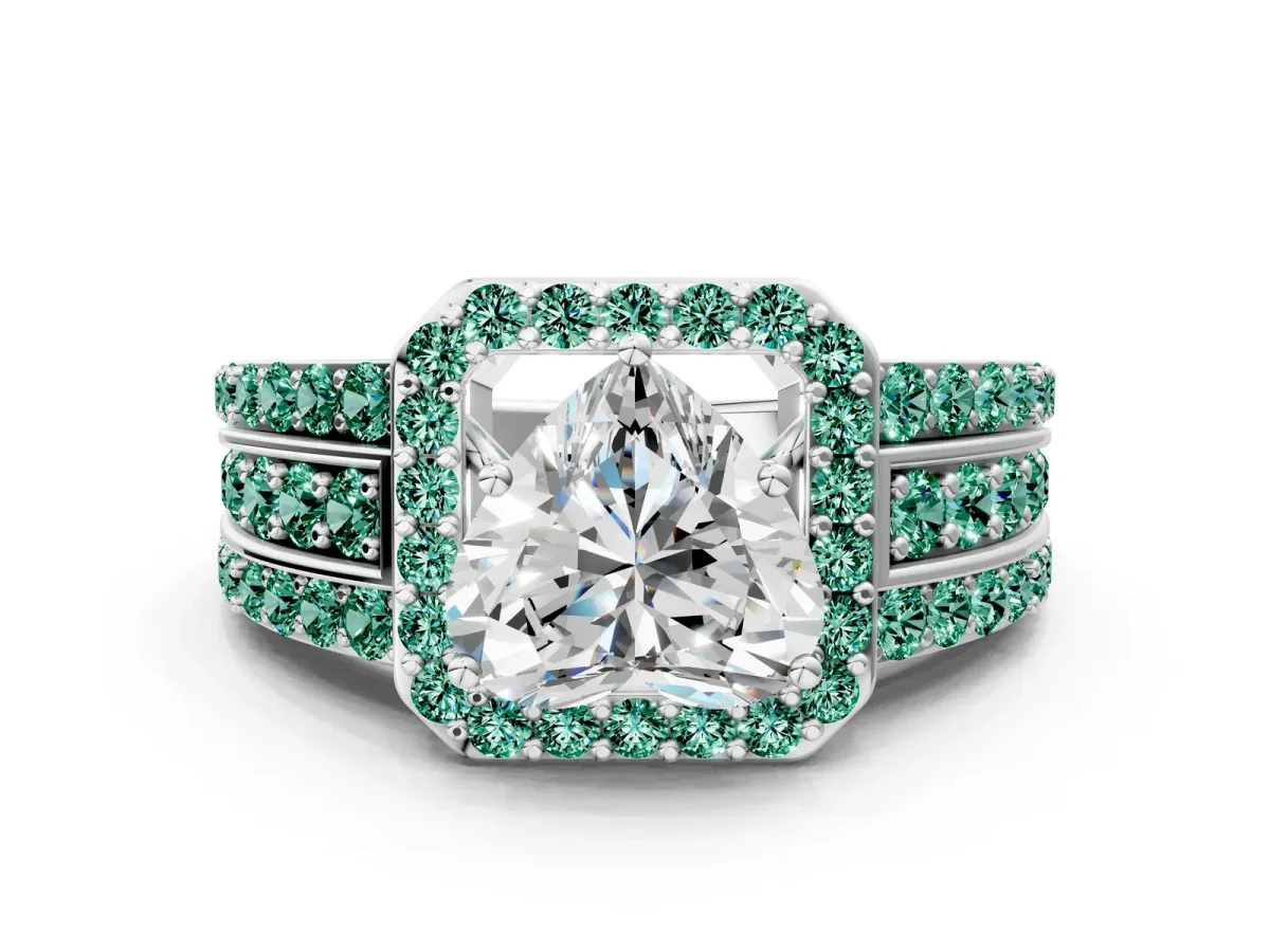 Heart Cut Halo Diamond Ring with Round Green Sapphire Split Shank and Prong Setting Silver