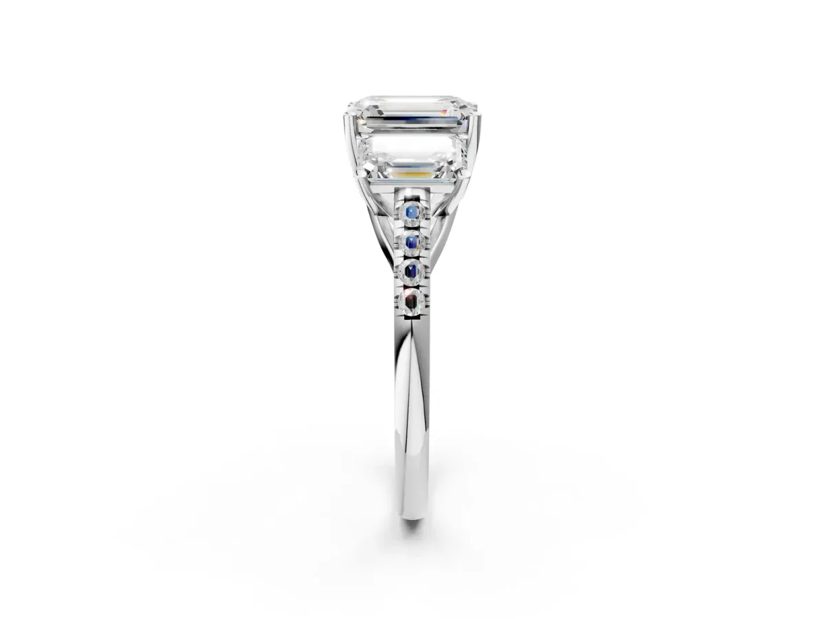 Three-Stone Emerald Cut Diamond Ring with Round Moissanite Pavé Band and Prong Setting Silver