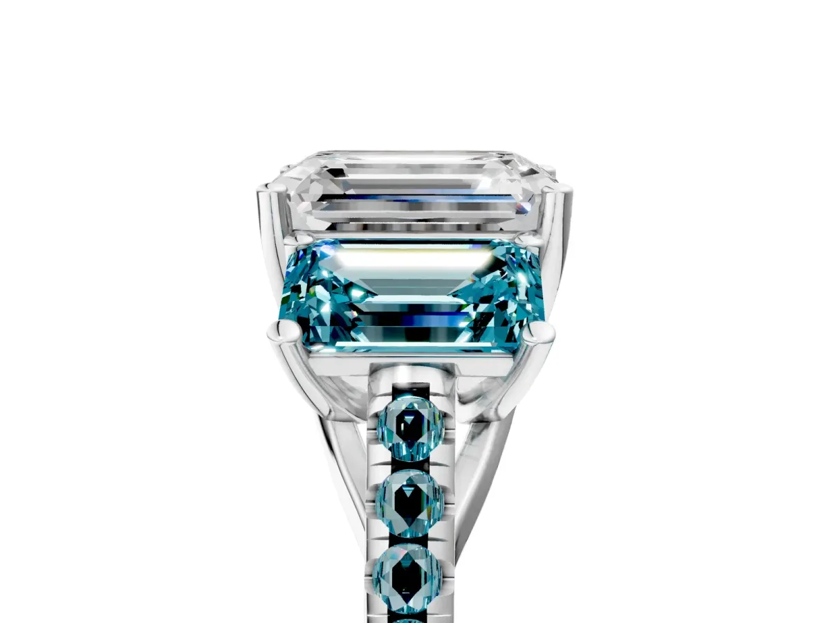 Three-Stone Emerald Cut Diamond Ring with Round Blue Topaz Pavé Band and Prong Setting Silver