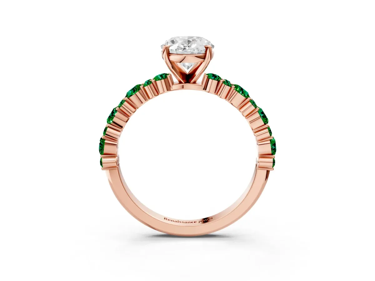 Oval Cut Diamond Side Stone Solitaire Ring with Round Emerald and Four-Prong Setting Rose gold