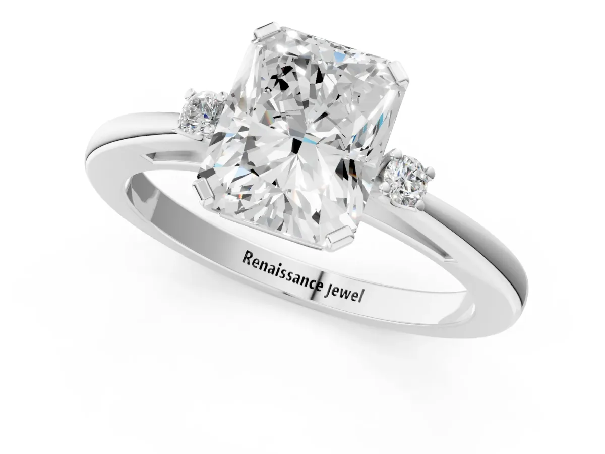 Radiant Cut Cut Three-Stone Solitaire Ring with Round Accent Diamonds and Four-Prong Setting Platinum