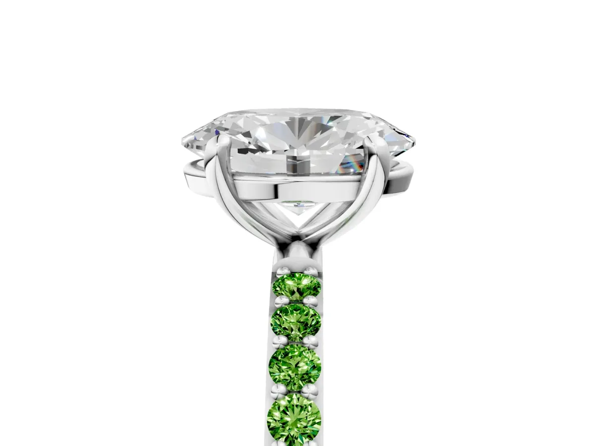 Oval Cut Diamond Solitaire Ring with Round Peridot Pavé Band and Prong Setting Silver
