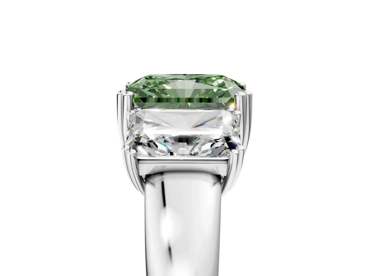 Fancy Green Three-Stone Radiant Cut Cut Diamond Ring with Channel Set Band and Four-Prong Setting Silver