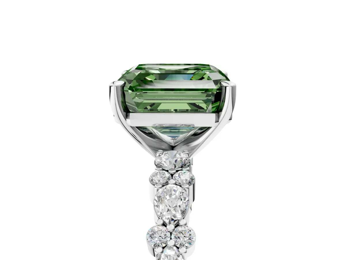 Fancy Green Asscher Cut Diamond Side Stone Solitaire Ring with Round and Four-Prong Setting Platinum