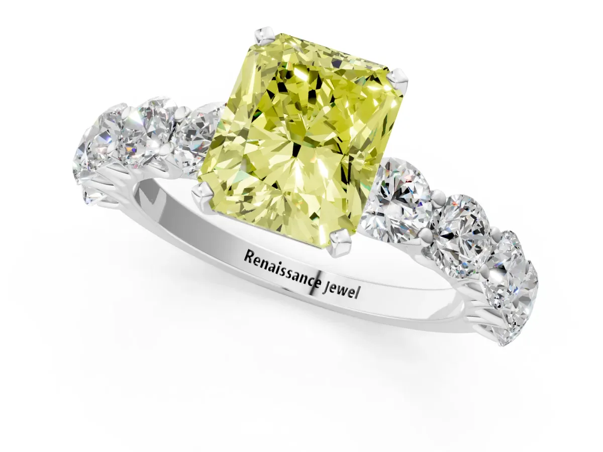Fancy Yellow Radiant Cut Diamond Prong Setting with Side Stones on a Pave Band Silver